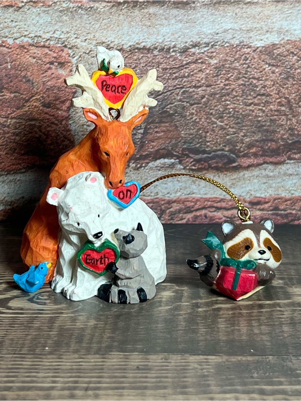 Vintage American Greetings Peace on Earth Christmas Ornament + Raccoon Lot of 2